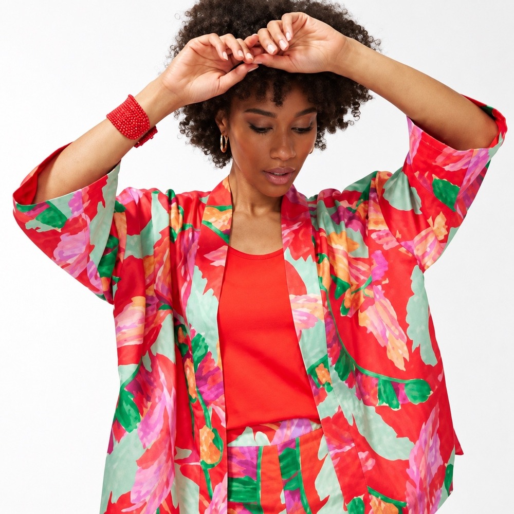Chicos Womens Red Tropical Floral Satin Kimono Jacket Lined L/XL